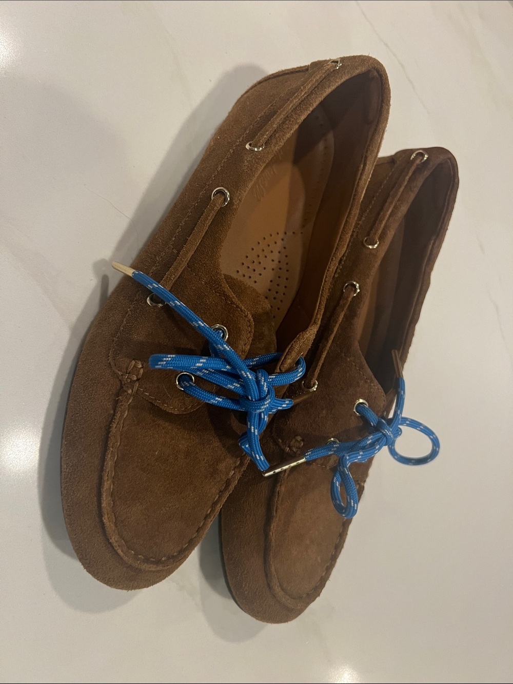 Madewell Brown Suede Loafers with Bright Blue Laces